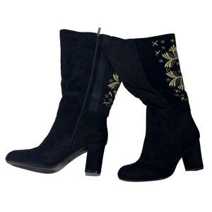 Black and Gold Knee High Heeled Boots (Size 11W/ Wide Calf)